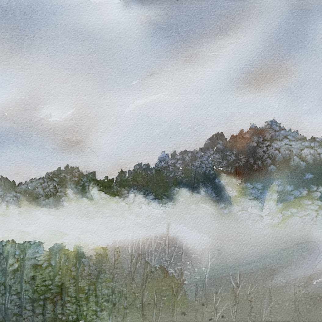 Nebel in den Wäldern am Berg, Aquarell
