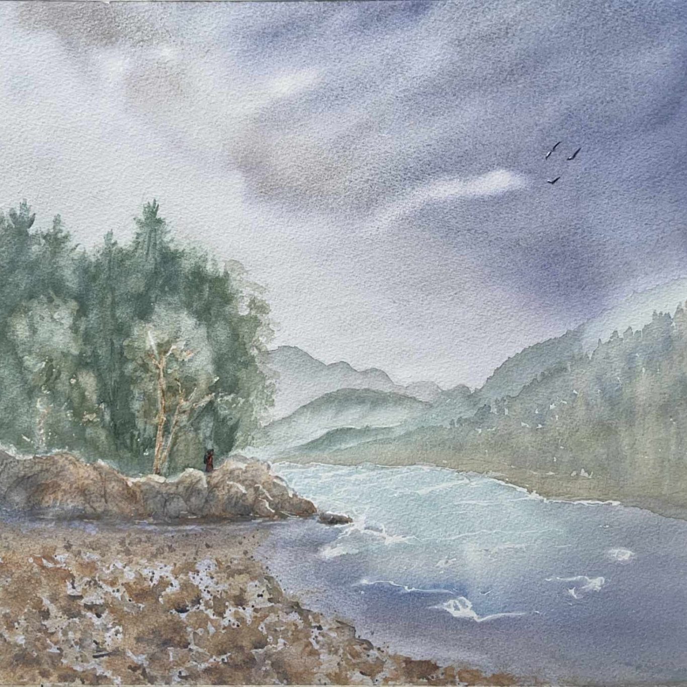 Ein Wanderer am Lechfluss nach einem Gewitter, Aquarell